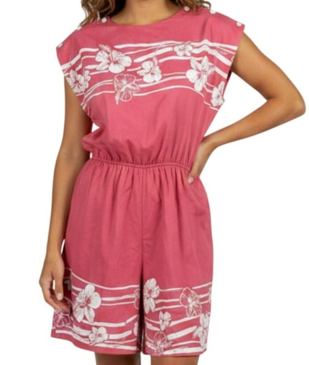 VTG Hans Jutte Hawaii Romper Rust Orange Hibiscus Print Button Shoulder 70s 80s